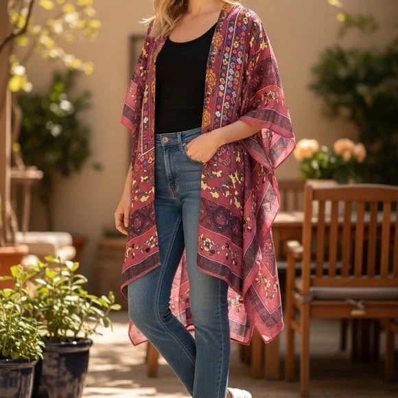 Woven Heart Rose-Print Open Kimono in Mauve and Mustard - Picture 1 of 5